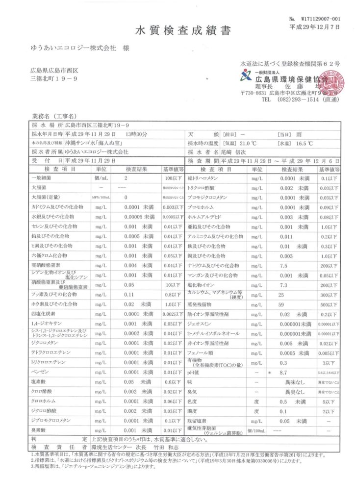 海人ぬ宝 水質検査成績表